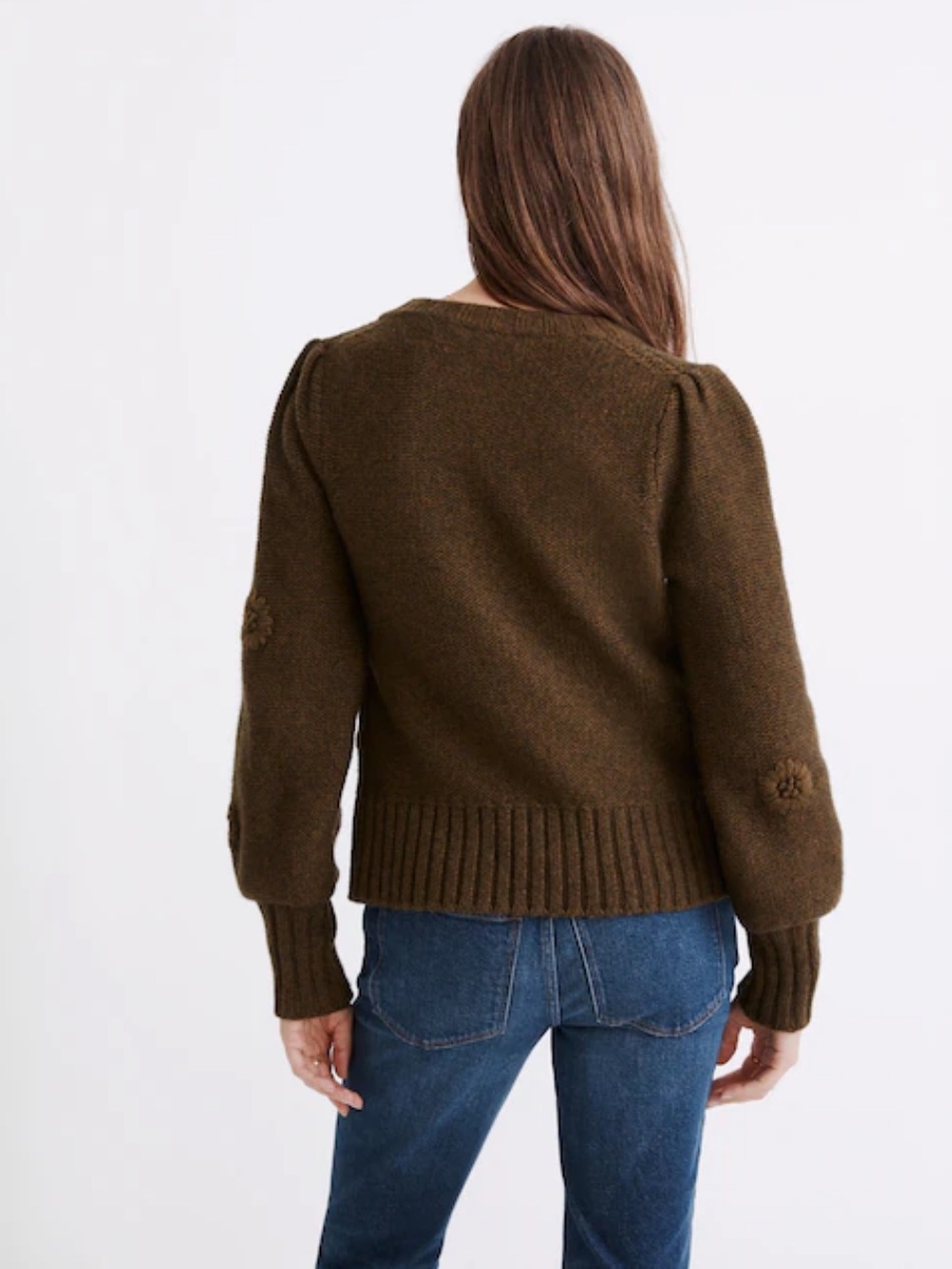 Madewell Embroidered Edencroft Pleat-Sleeve Cardigan Sweater heathered green SM - Picture 3 of 8